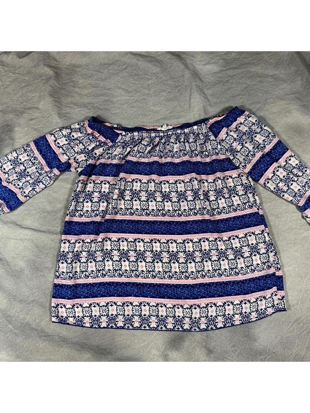 A’GACI Boho Off Shoulder Peasant Blouse L Blue White Pink Print, made in the USA